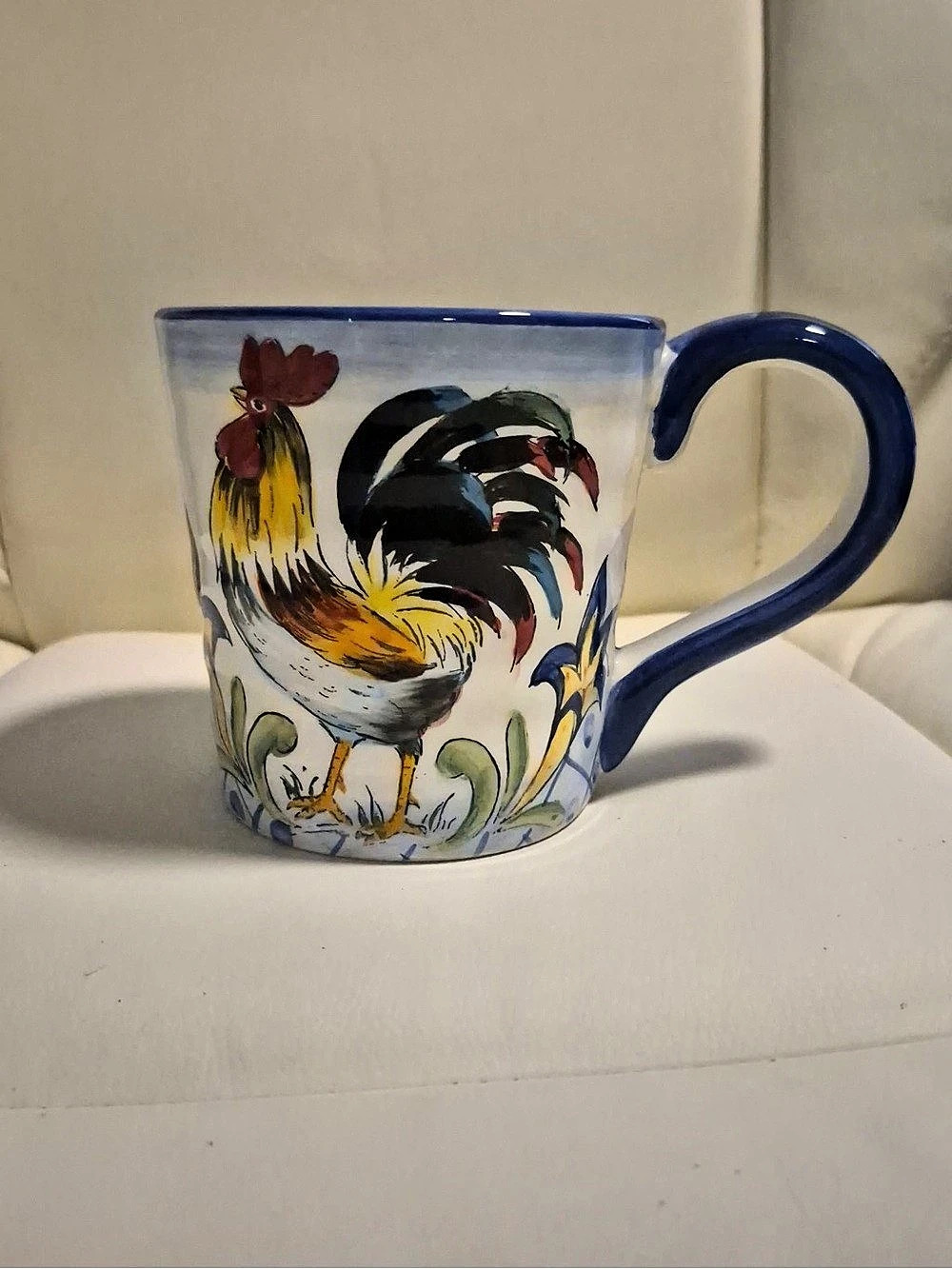 Maxcera Blue Talavera Rooster Mug Hand Painted White & Blue. One of 3 in closet
